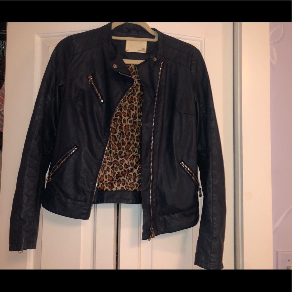 Faux Leather Jacket- Dark Blue, Size Small